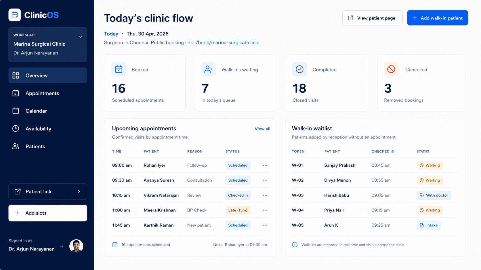 ClinicOS dashboard showing today's clinic flow, appointments, and walk-ins.