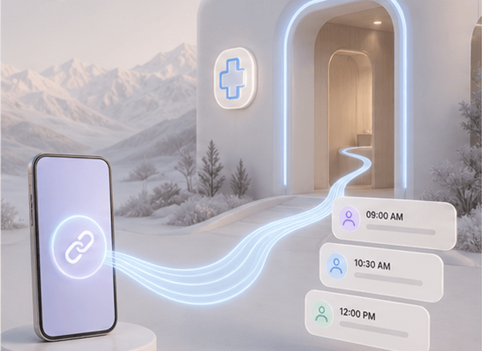 Soft 3D phone link flowing into a clinic entrance with appointment slots.