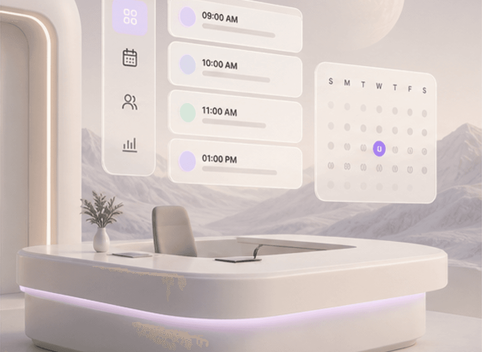 Soft 3D clinic dashboard scene with floating appointment cards.