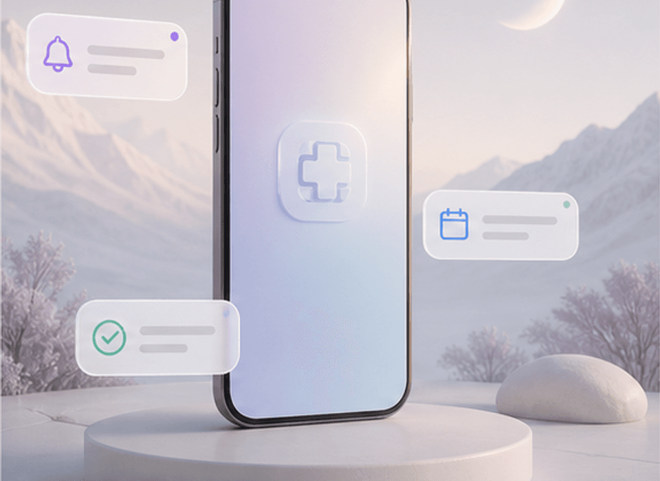 Soft 3D mobile app concept with clinic notifications and appointment cards.