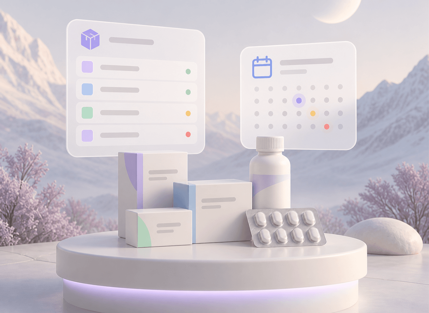 Pharmacy stock illustration with medicine packs, a lotion bottle, and batch and expiry panels.