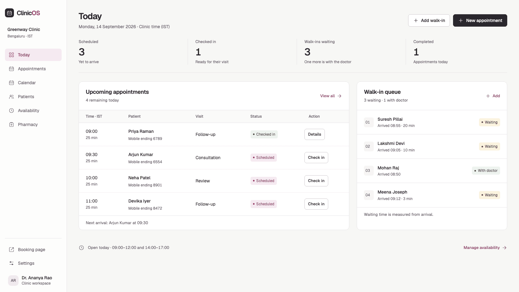 ClinicOS dashboard showing appointments, the walk-in queue, and Pharmacy in the shared navigation.